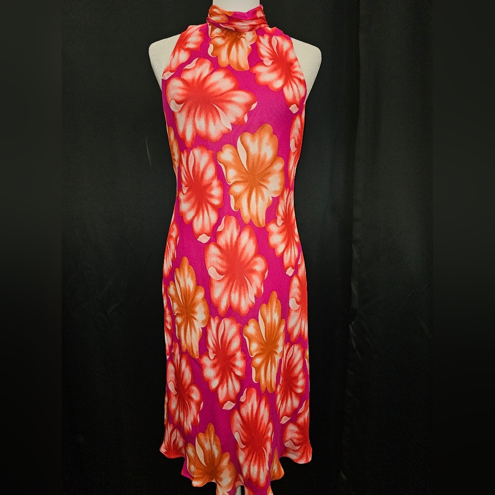 Halter Floral Midi Dress in Fuchsia and Orange